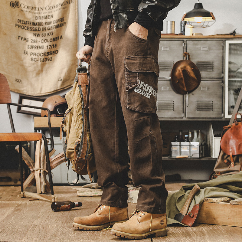 傑雷諾美式複古工裝褲男秋季潮牌多口袋寬松大碼刺繡褲子男款