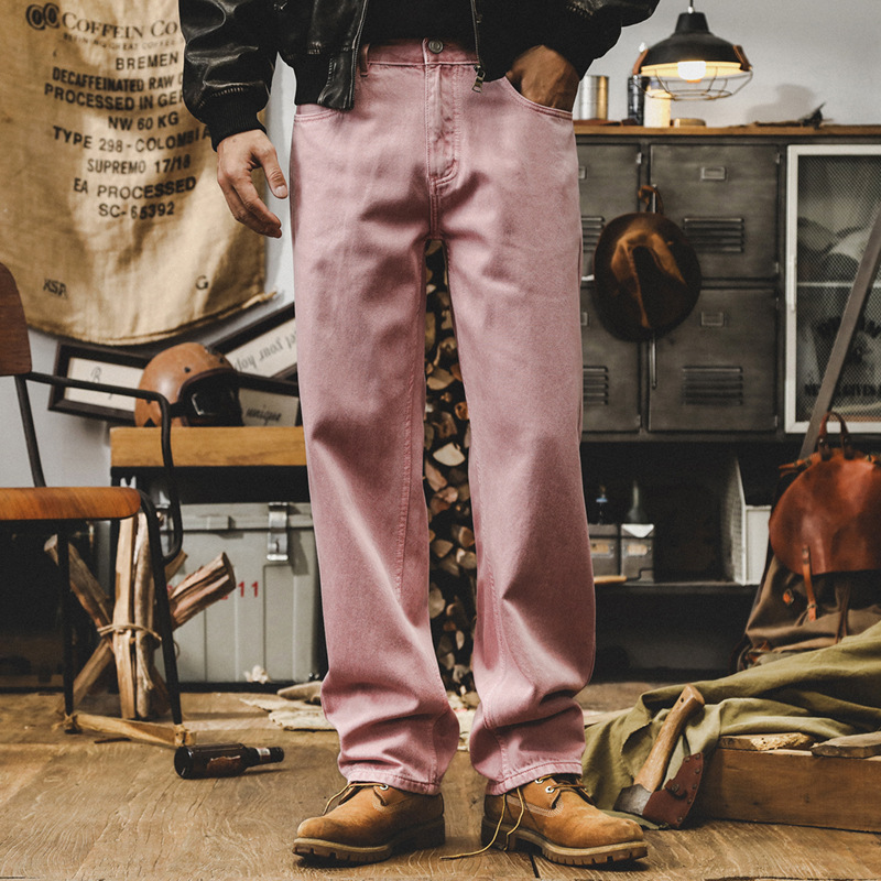 美式復古紫色牛仔褲男寬鬆直筒重磅工裝褲子男秋季丹寧潮流休閒褲