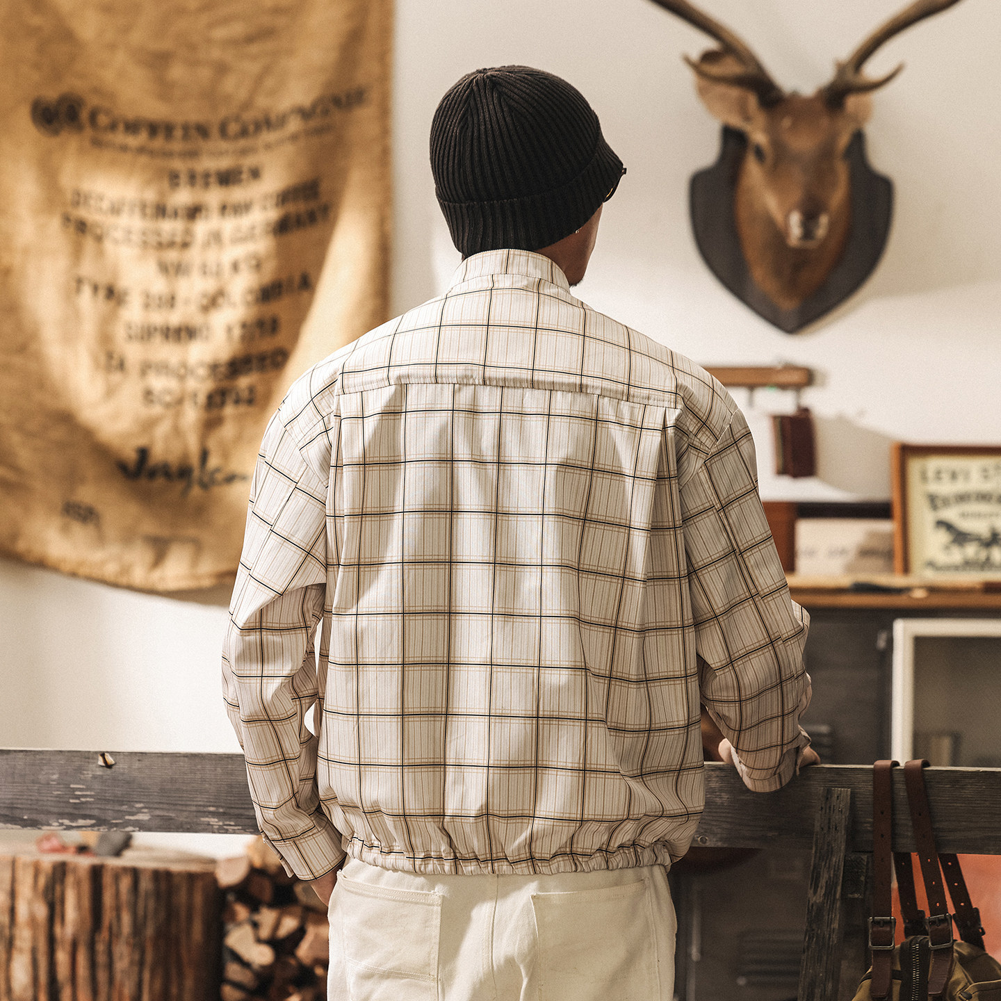 美式復古假兩件格子襯衫外套男春季潮流寬鬆長袖襯衣男士休閒夾克