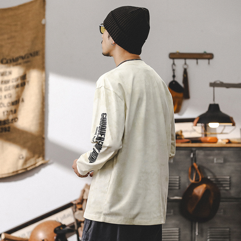 美式復古重磅長袖T恤男秋季2024新款潮牌雲染印花寬鬆休閒上衣男T