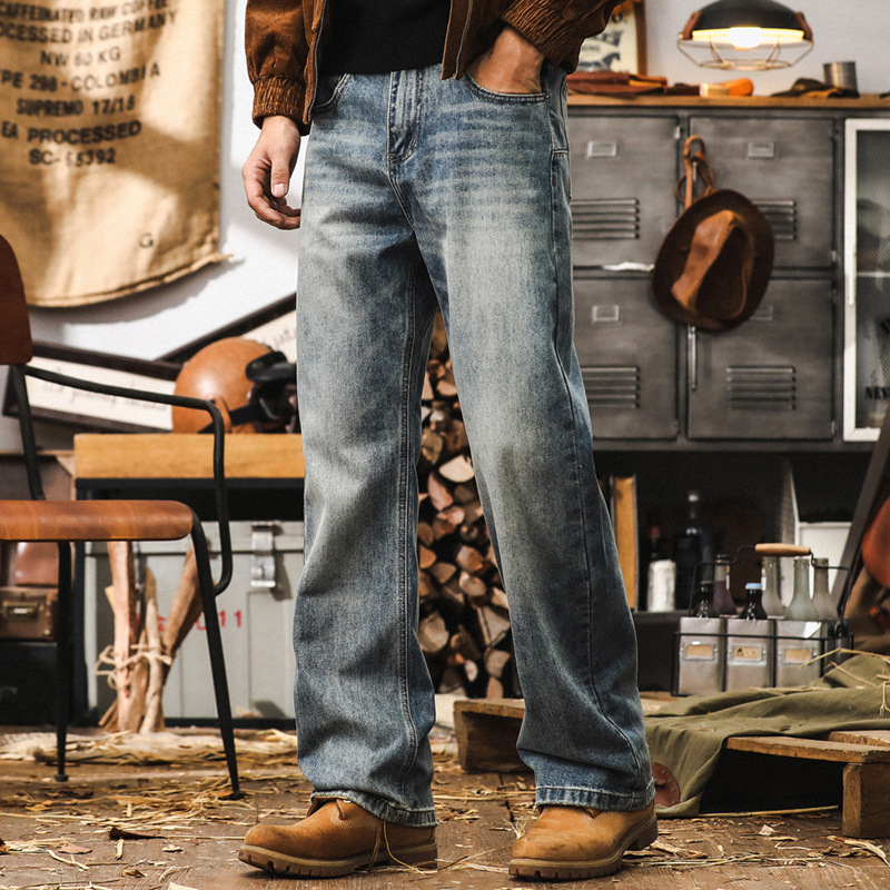 美式復古直筒牛仔褲男秋季2024新款寬鬆褲子男微喇經典水洗休閒褲