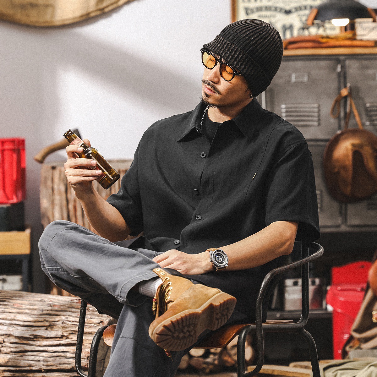 萊賽爾天絲親膚垂感短袖襯衫男夏季潮牌寬鬆輕熟風高級感男士襯衣