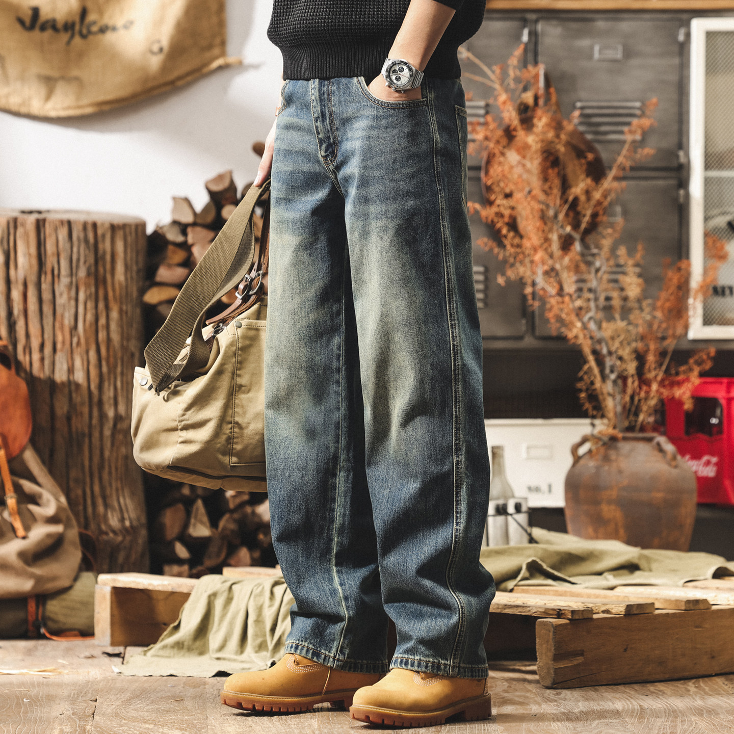 美式復古水洗直筒牛仔褲男士2026春季潮牌高街闊腿褲寬鬆休閒褲子
