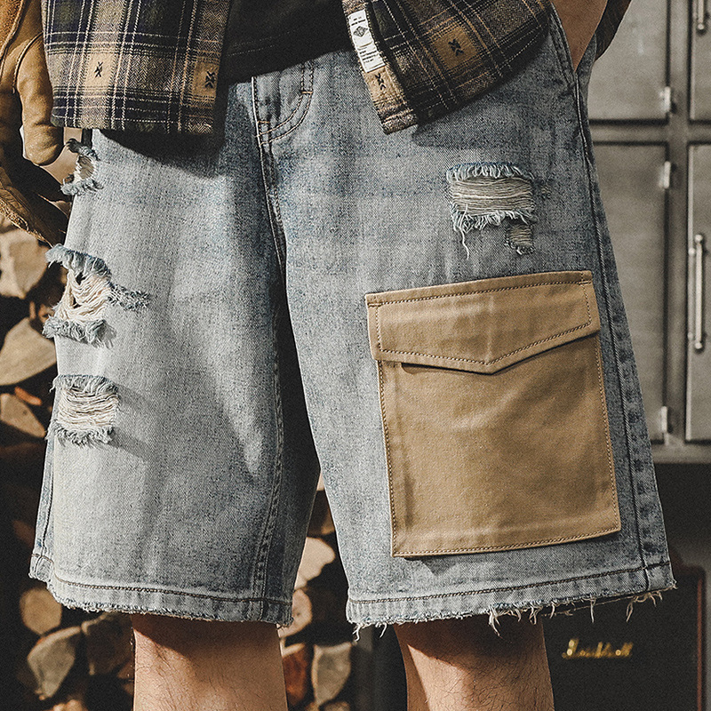杰雷諾美式復古牛仔短褲男夏季寬鬆大碼破洞工裝五分褲男潮流中褲