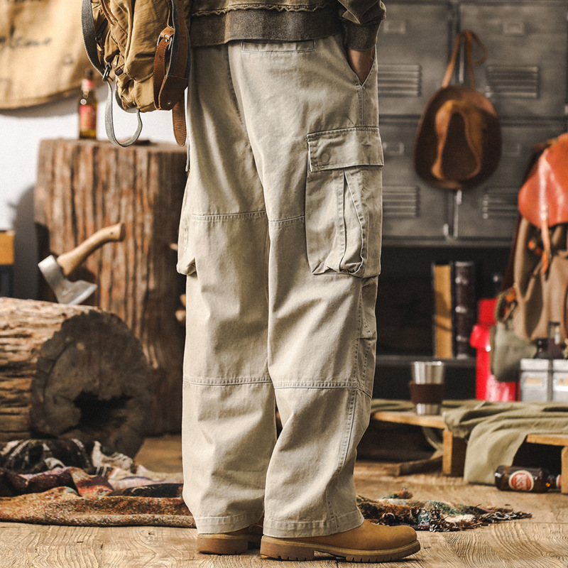 美式復古水洗做舊大口袋工裝褲男秋季潮牌寬鬆直筒男士闊腿休閒褲