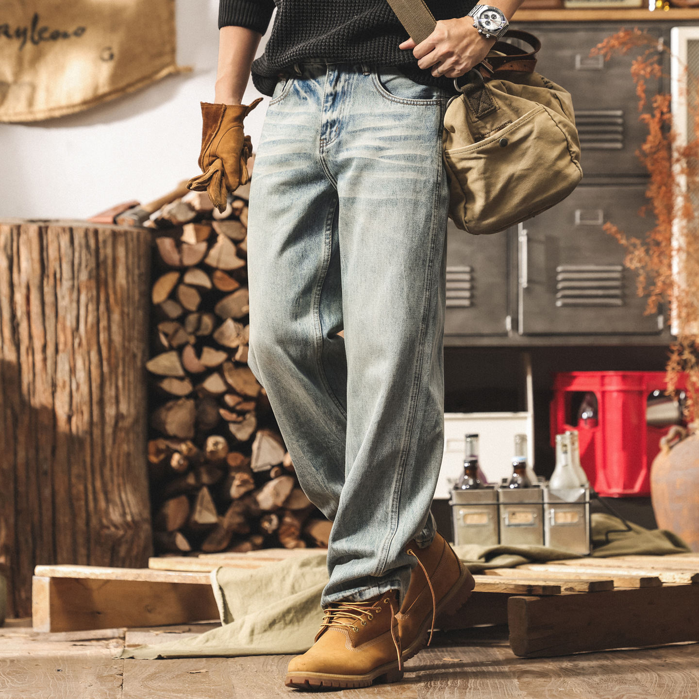 美式重磅復古工裝褲子男潮牌加絨牛仔褲男直筒水洗寬鬆男士休閒褲