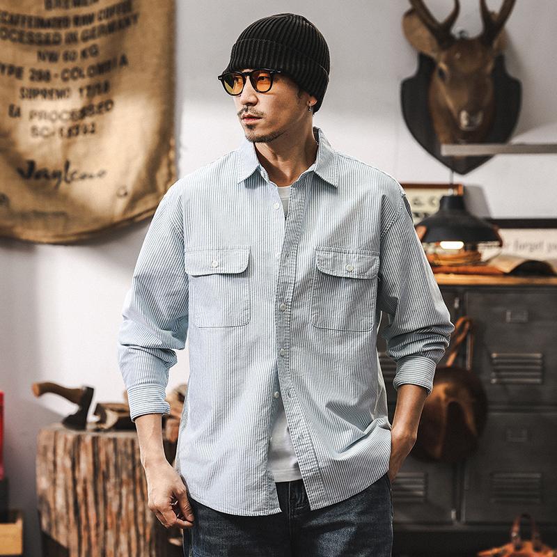 美式復古經典條紋襯衫男長袖2025新款春季日系牛津紡長袖襯衣