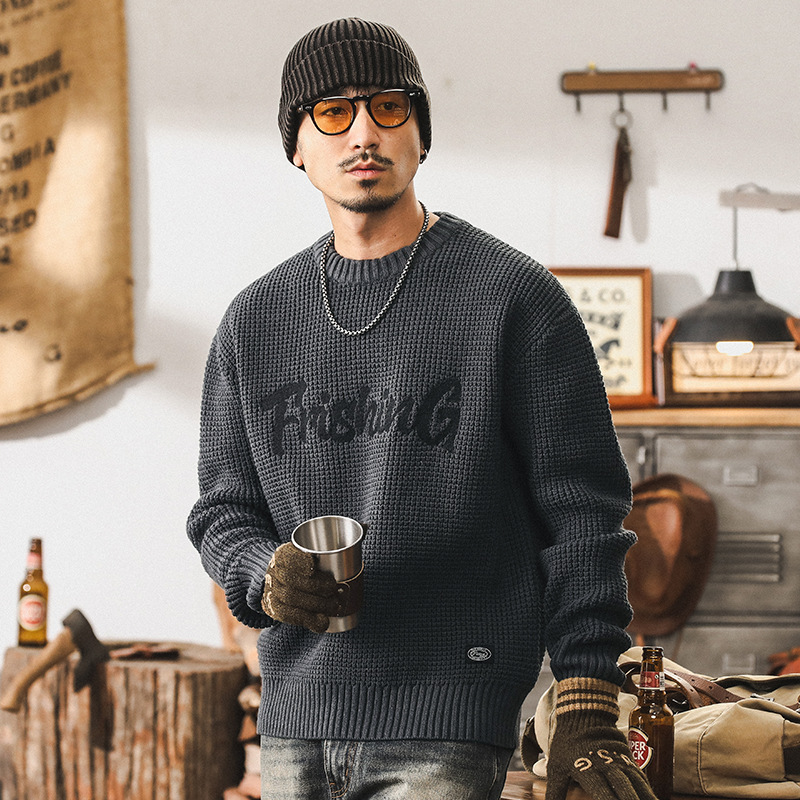 美式復古粗針菠蘿紋毛衣男冬季加厚潮牌重磅休閒針織衫秋冬款外套
