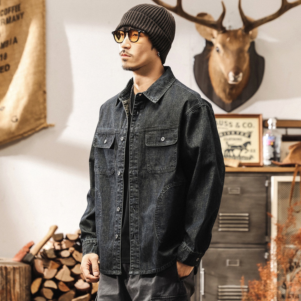 美式復古靛藍色牛仔襯衫男春秋新款保色水洗寬鬆長袖襯衣工裝外套