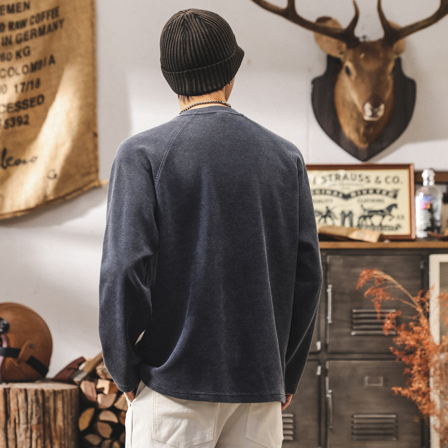 美式復古靛藍水洗長袖t恤男秋季新款300g重磅華夫格衛衣男士上衣T