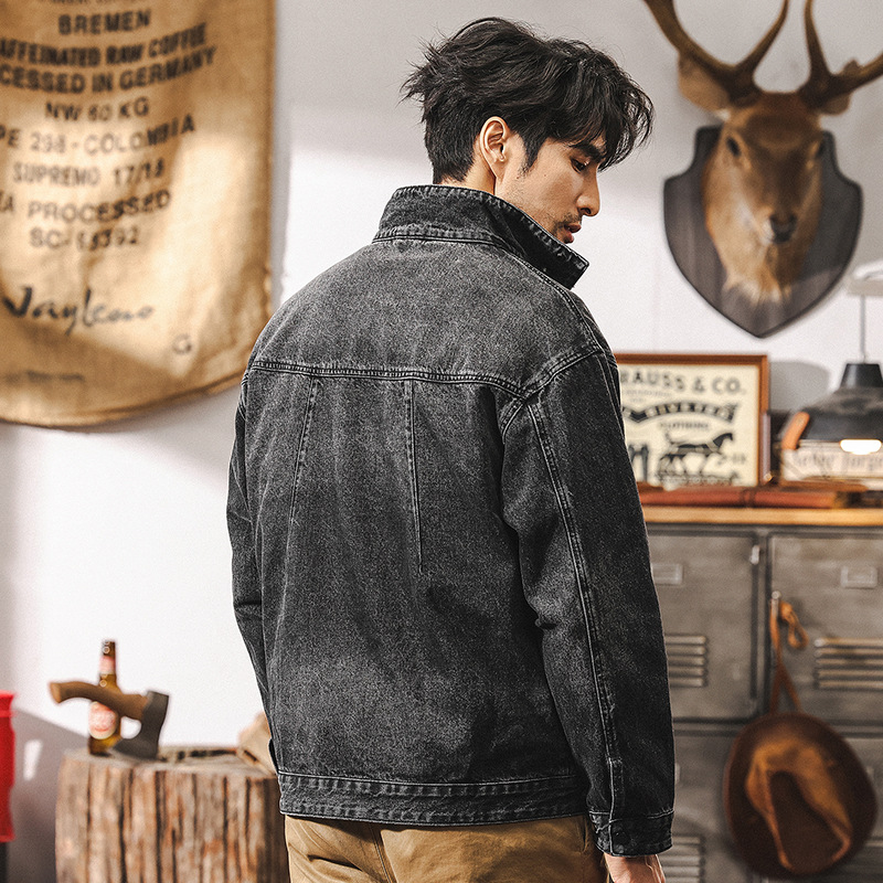 美式經典重磅黑色牛仔外套男秋冬款潮牌阿美咔嘰男款寬鬆休閒夾克