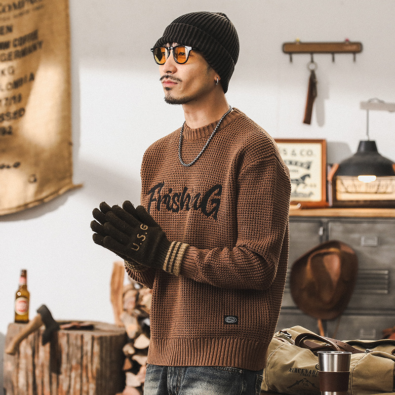 美式復古粗針菠蘿紋毛衣男冬季加厚潮牌重磅休閒針織衫秋冬款外套