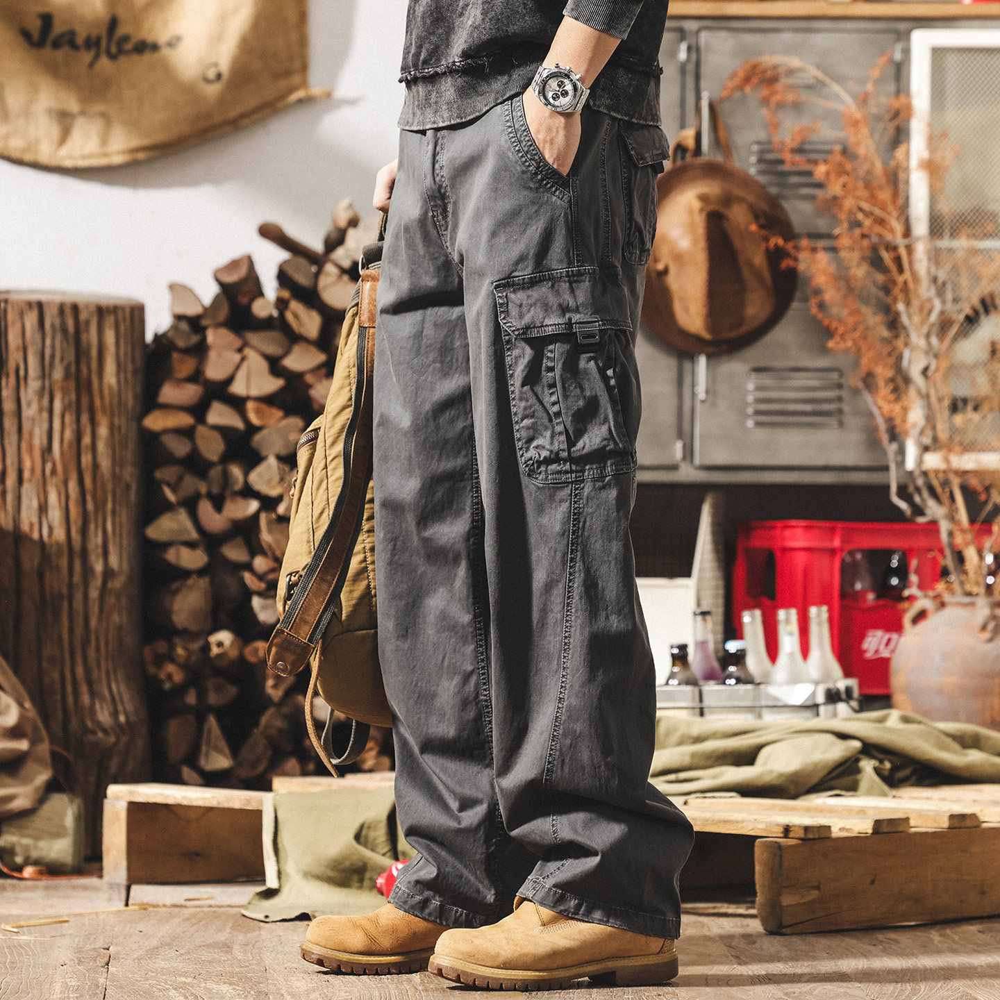 美式復古vibe風水洗廓形工裝褲子男春季新款寬鬆闊腿直筒休閒褲男