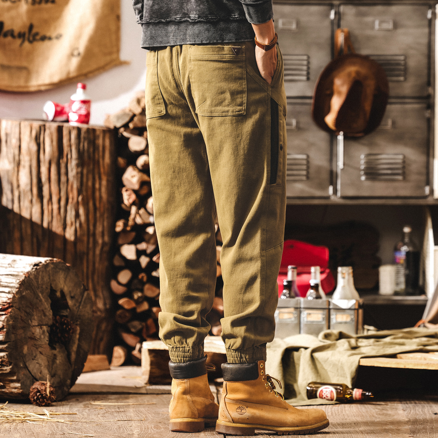 美式復古工裝褲子男秋季2025新款長褲男士拼接束腳卡其色休閒褲潮