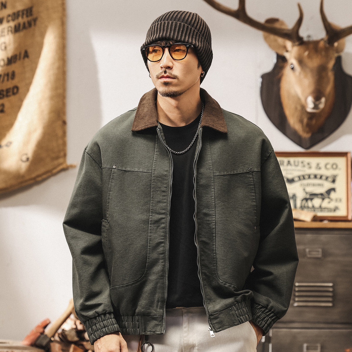 巴恩風工裝外套男春秋新款美式復古霜感帆布寬鬆潮牌硬朗教練夾克