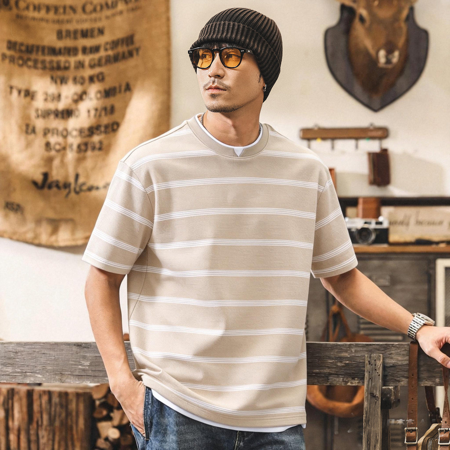 美式復古摩登提花短袖T恤男夏季2026新款寬鬆潮流休閒假兩件上衣