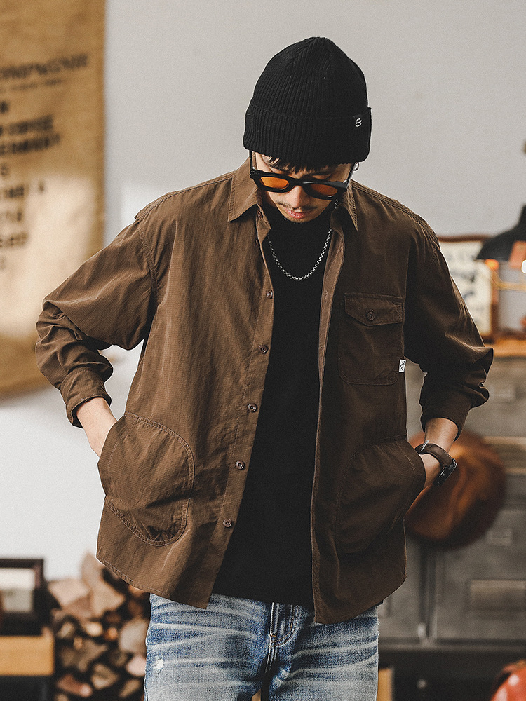 美式復古工裝長袖襯衫男2024年新款機能戶外多口袋美拉德襯衣外套