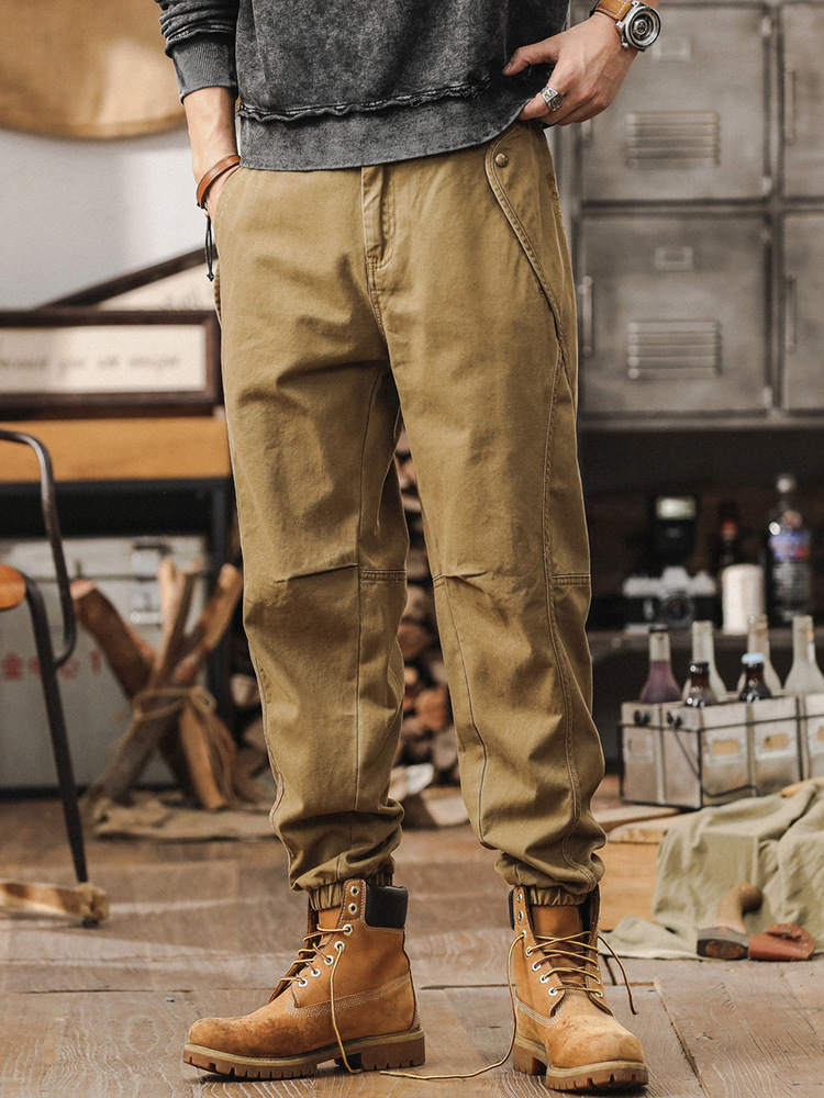 美式複古重磅工裝褲子男春秋款戶外通勤機能寬松束腳男士休閑長褲