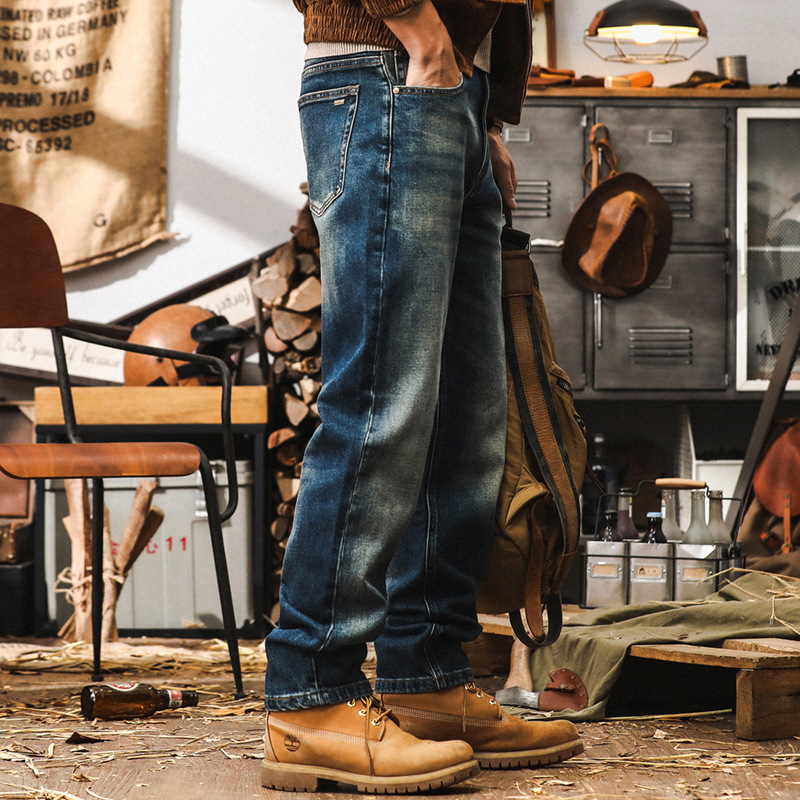 美式經典復古牛仔褲男秋季2024新款寬鬆直筒潮牌做舊水洗休閒長褲