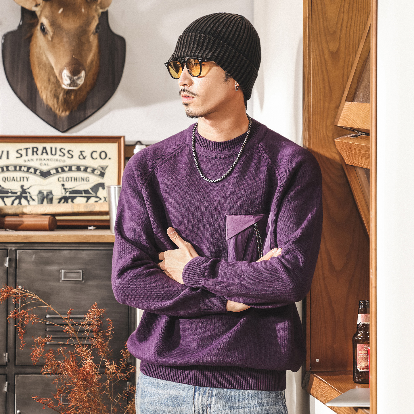 美式復古圓領毛衣男2025新款冬季保暖毛線衣男士針織衫休閒上衣男