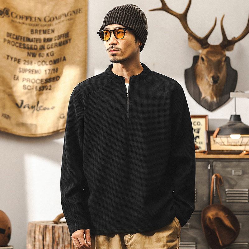 美式復古歐棉絨400g重磅衛衣男春秋長袖T恤男秋季半拉鍊寬鬆上衣