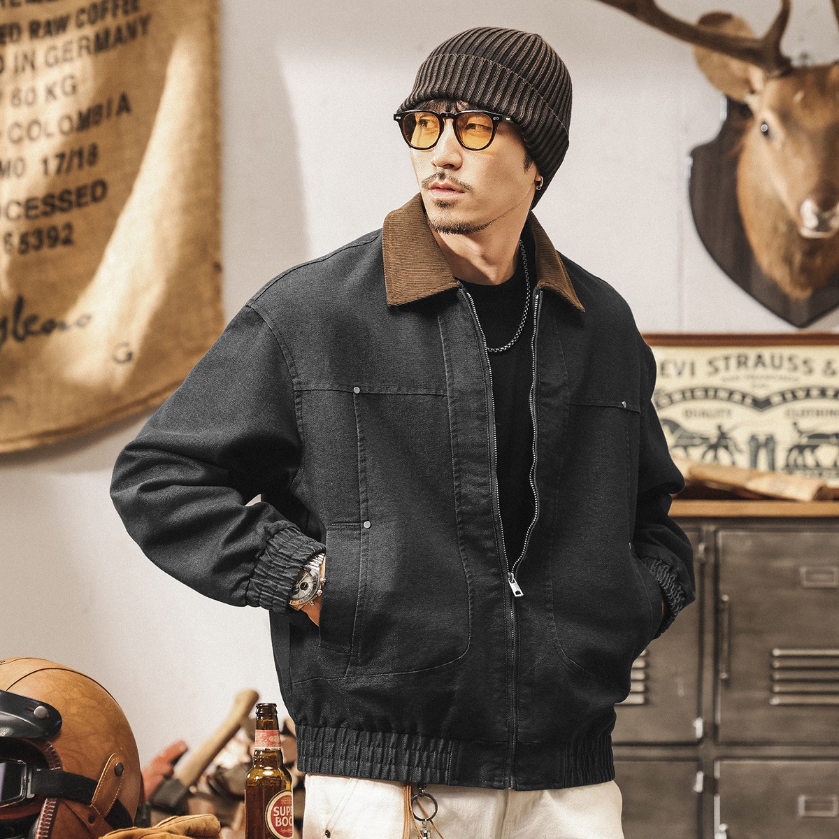 美式復古霜感巴恩風外套男春秋潮牌寬鬆硬漢工裝夾克男士秋季新款