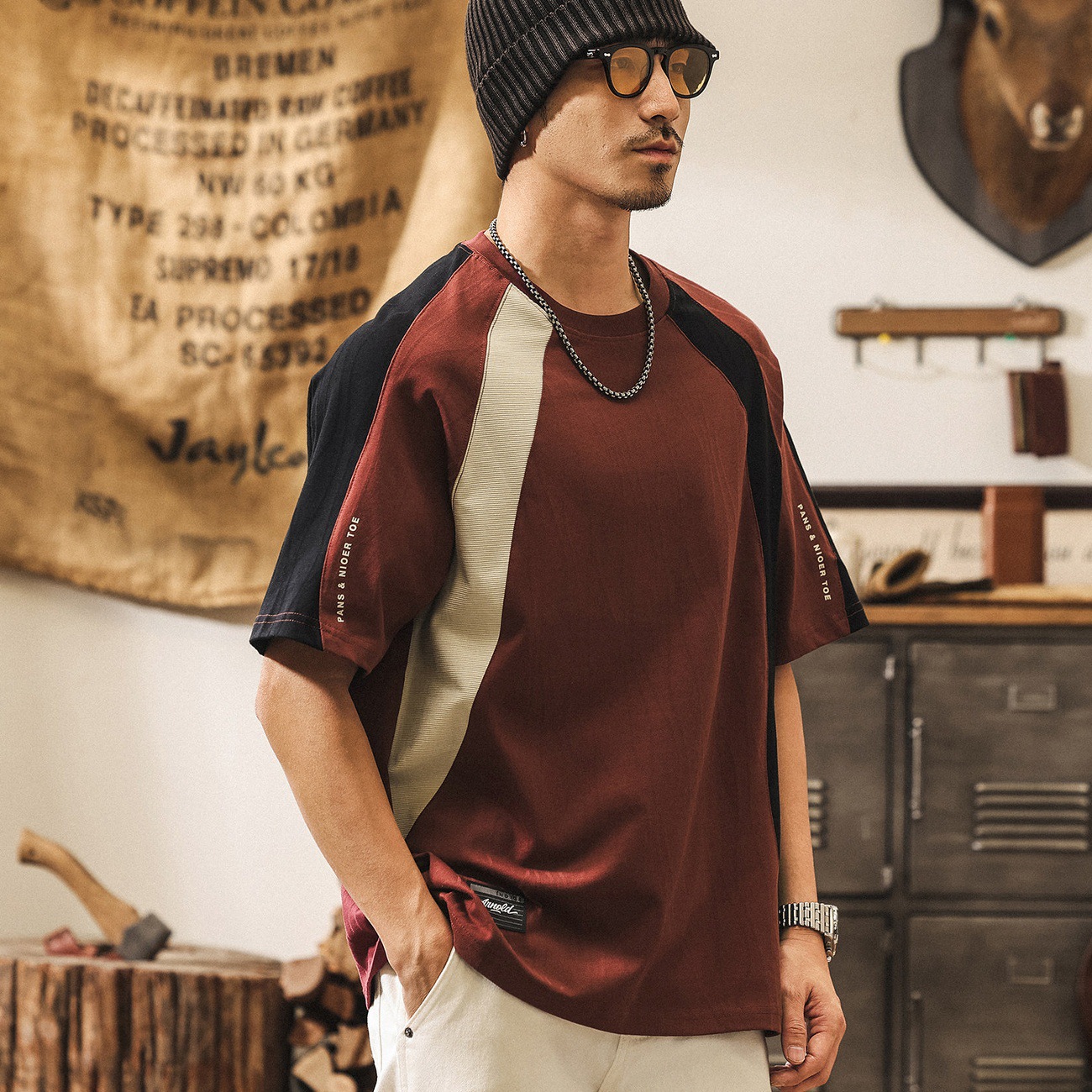 美式復古重磅撞色拼接短袖男T恤夏季潮牌寬鬆酒紅色男裝上衣