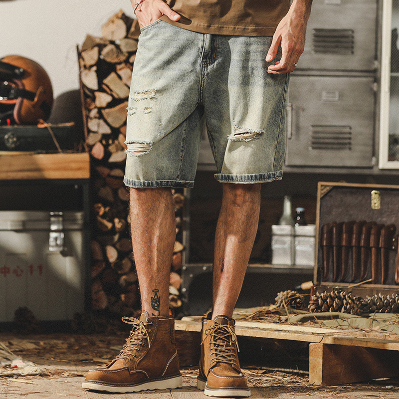 杰雷諾美式經典復古乞丐破洞牛仔短褲男寬鬆潮流夏季休閒五分褲男