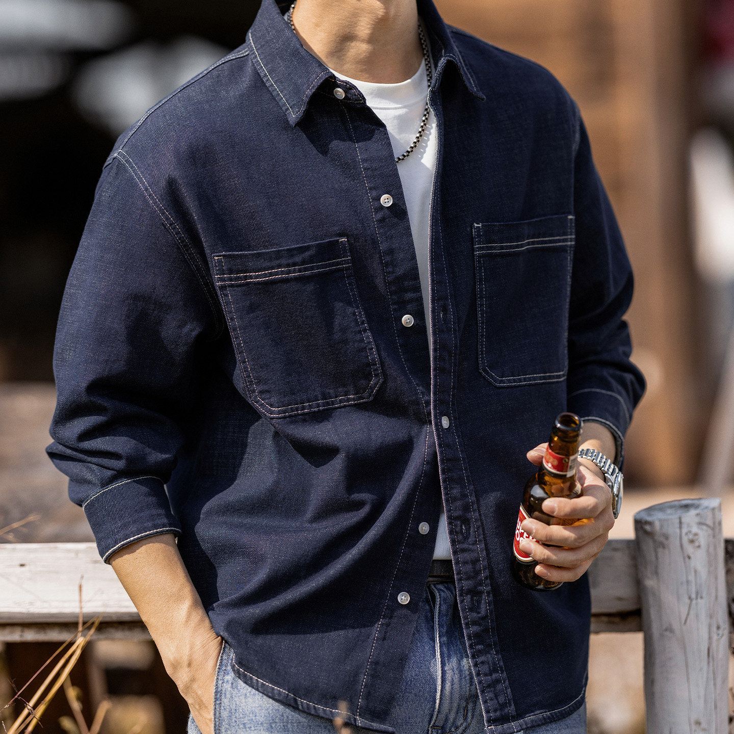 萊賽爾亞麻牛仔襯衫男長袖春季美式潮牌丹寧水洗寬鬆襯衣工裝外套