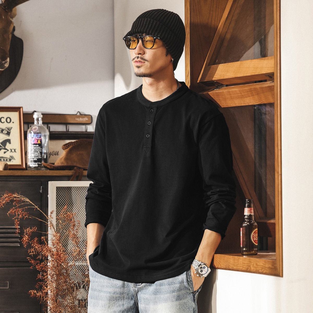 美式復古磨毛輕柔亨利領polo衫男新款長袖t恤男春秋寬鬆上衣