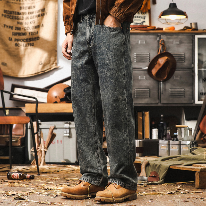 美式重磅雪花水洗復古牛仔褲男秋季休閒褲子男寬鬆潮牌闊腿直筒褲