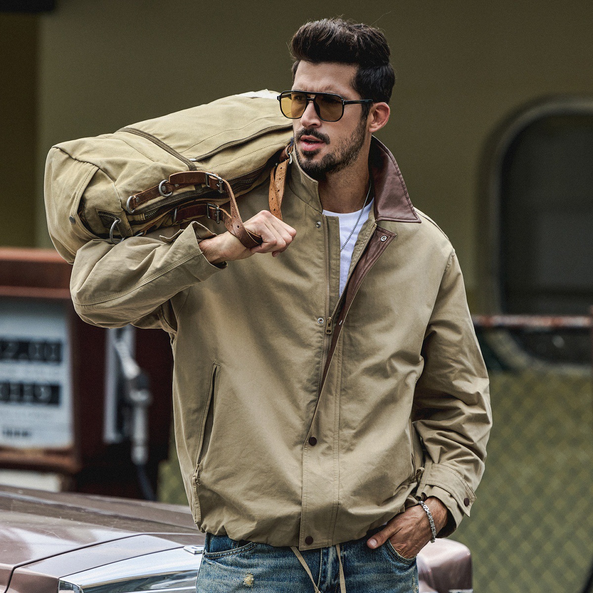 美式復古春季新款男士外套拼接潮牌襯衫式寬鬆休閒春秋工裝夾克男