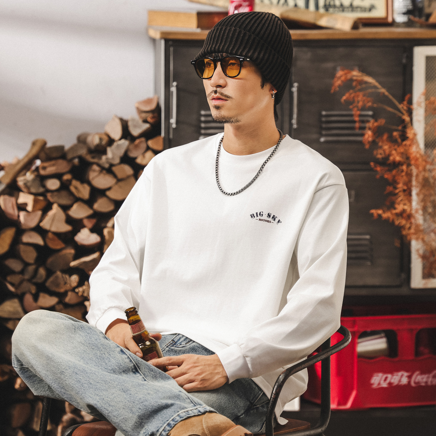 美式復古重磅t恤男長袖春秋新款潮牌機車印花寬鬆休閒純棉上衣男T