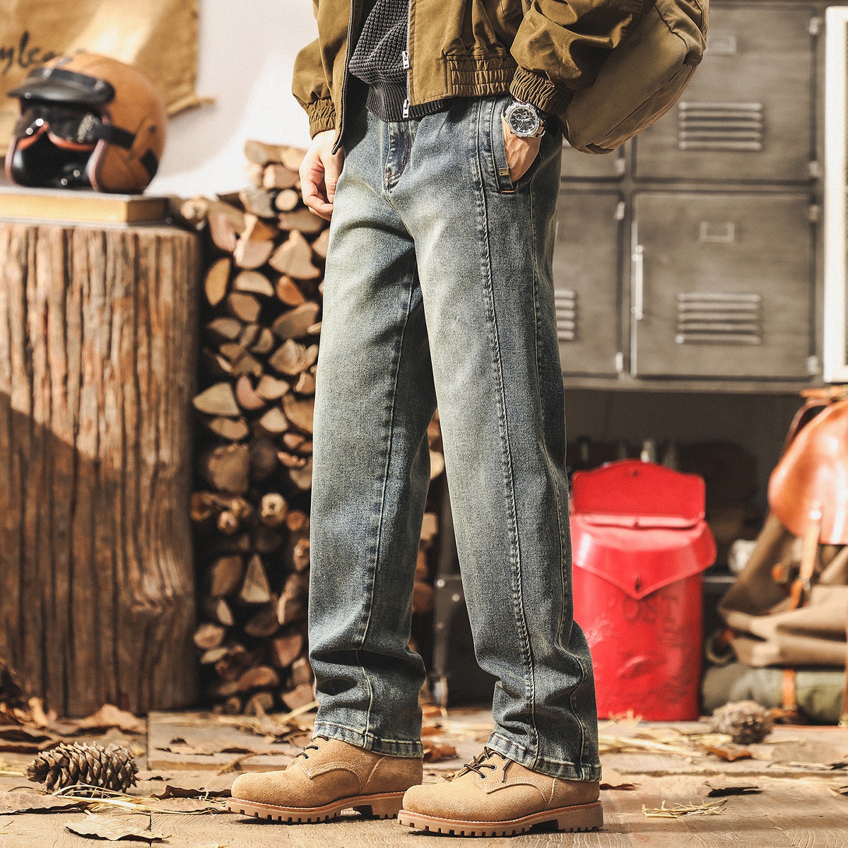 美式牛仔褲男復古水洗做舊工裝褲子男秋季潮牌寬鬆直筒男士休閒褲