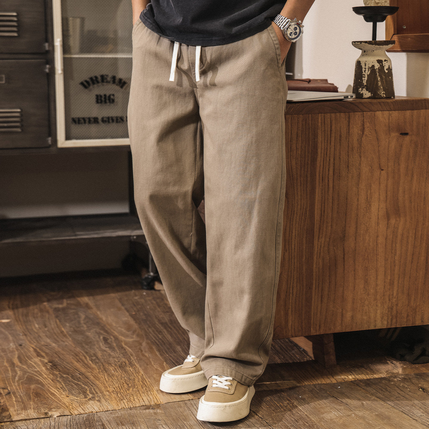 美式復古直筒卡其色工裝褲男士2026新款春季潮牌寬鬆休閒長褲子潮