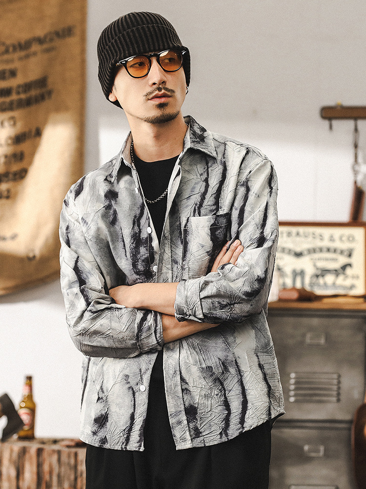 國風扎染印花長袖襯衫男春季2025新款潮流高級感寬鬆休閒襯衣外套