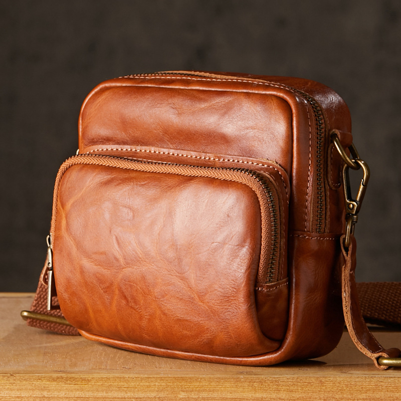 手工植鞣皮手機包男士休閒單肩斜挎包時尚個性頭層牛皮迷你小挎包