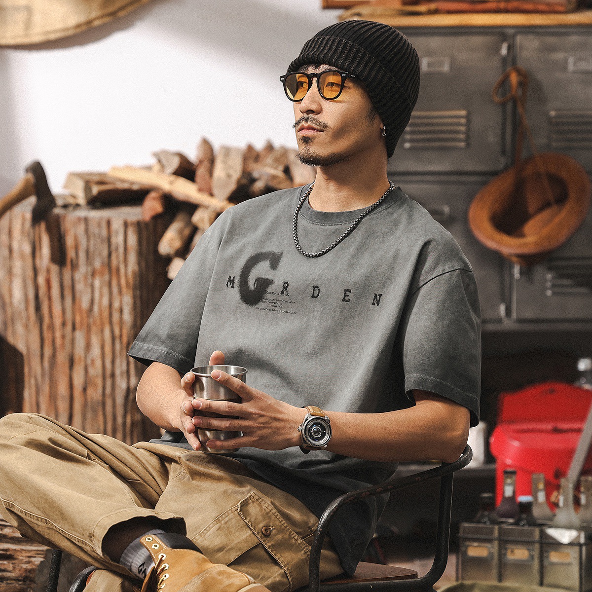 阿蘇特洗褪炒色短袖T恤男夏季美式復古臟染做舊水洗寬鬆休閒上衣T