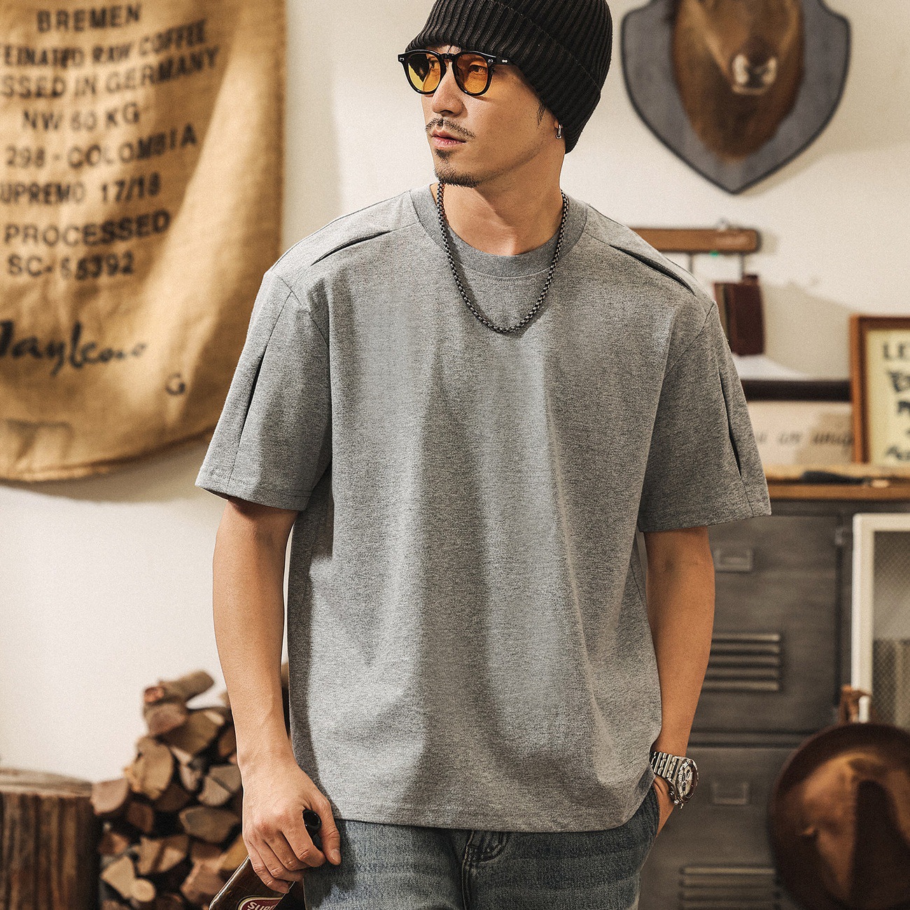 美式復古開口笑小解構男士短袖T恤夏季2026新款潮流拼接寬鬆上衣T