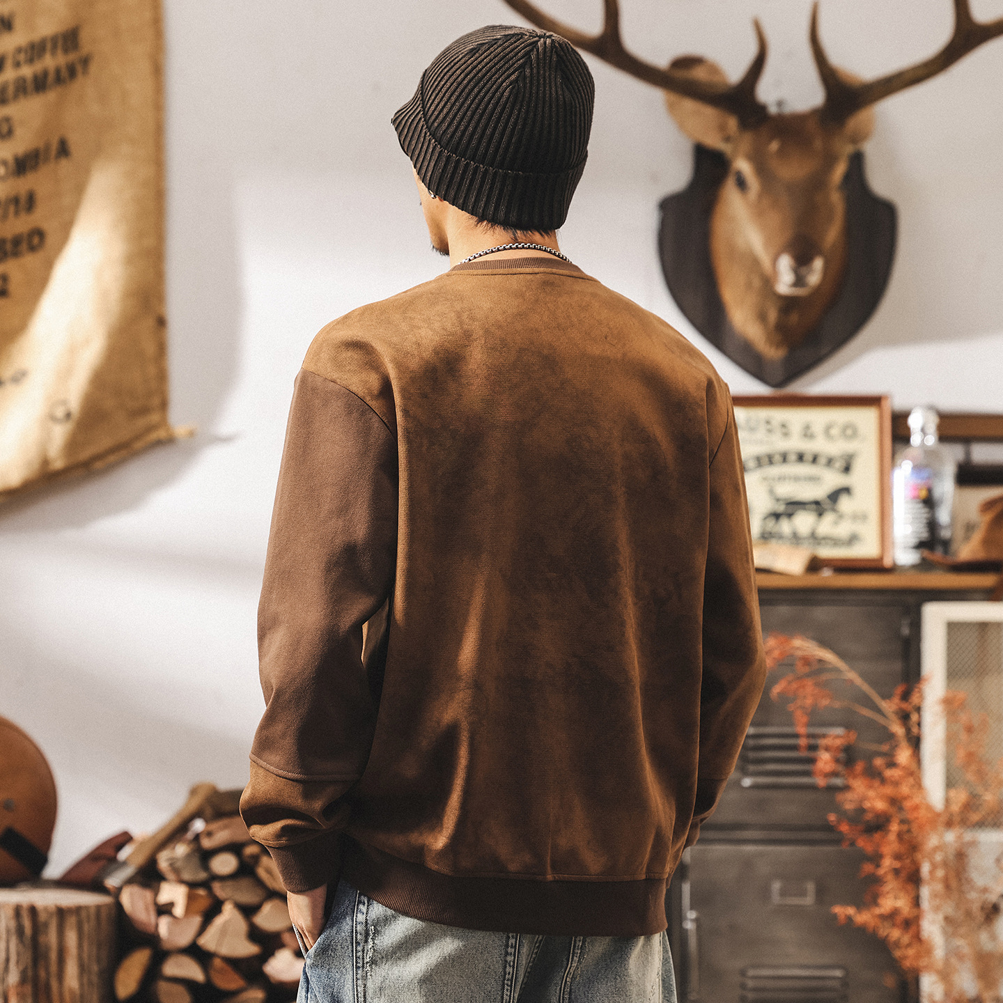 美式復古麂皮絨衛衣男春秋2025新款潮流設計感350g重磅寬鬆上衣男