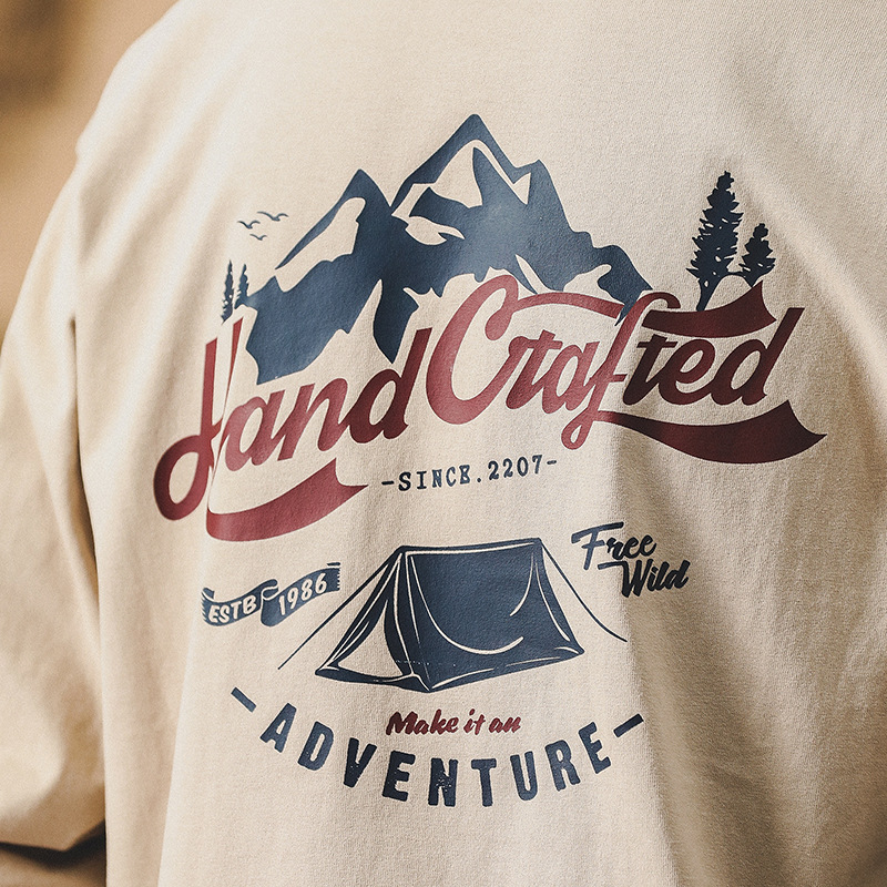 260g重磅双本针男士T恤长袖美式山系印花宽松上衣潮牌衣服男纯棉T