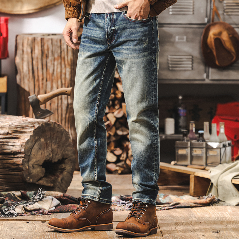 美式復古牛仔褲男款秋季2025新款潮牌機車修身直筒長褲男士休閒褲