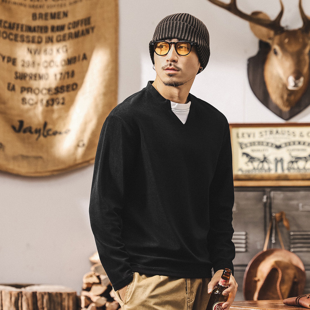 美式復古假兩件長袖t恤男秋季新款寬鬆男士萊賽爾親膚內搭打底衫