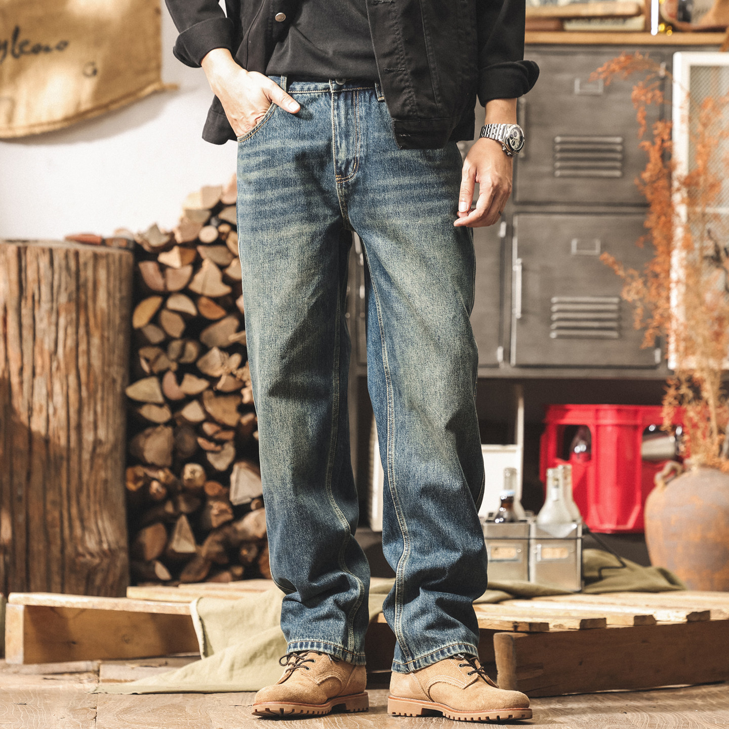 美式經典復古水洗牛仔褲男2026春季新款寬鬆直筒潮牌休閒長褲子男