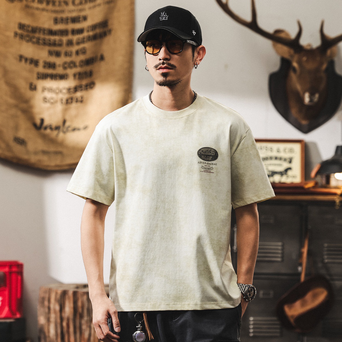 美式復古做舊水洗T恤男夏季山系戶外印花短袖男款潮牌寬鬆上衣男