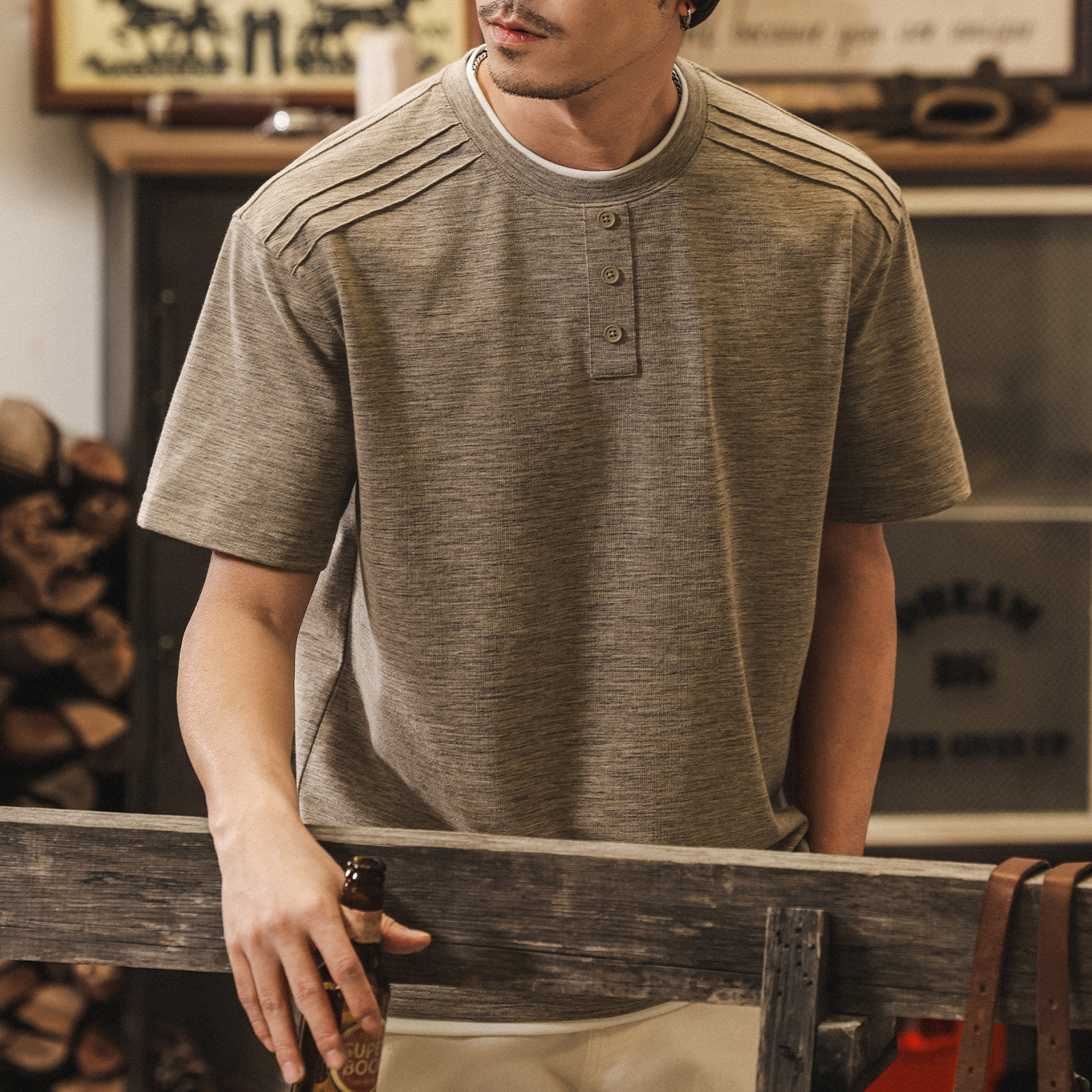 美式復古亨利領Polo衫短袖男款夏季潮牌休閒假兩件T恤男寬鬆上衣