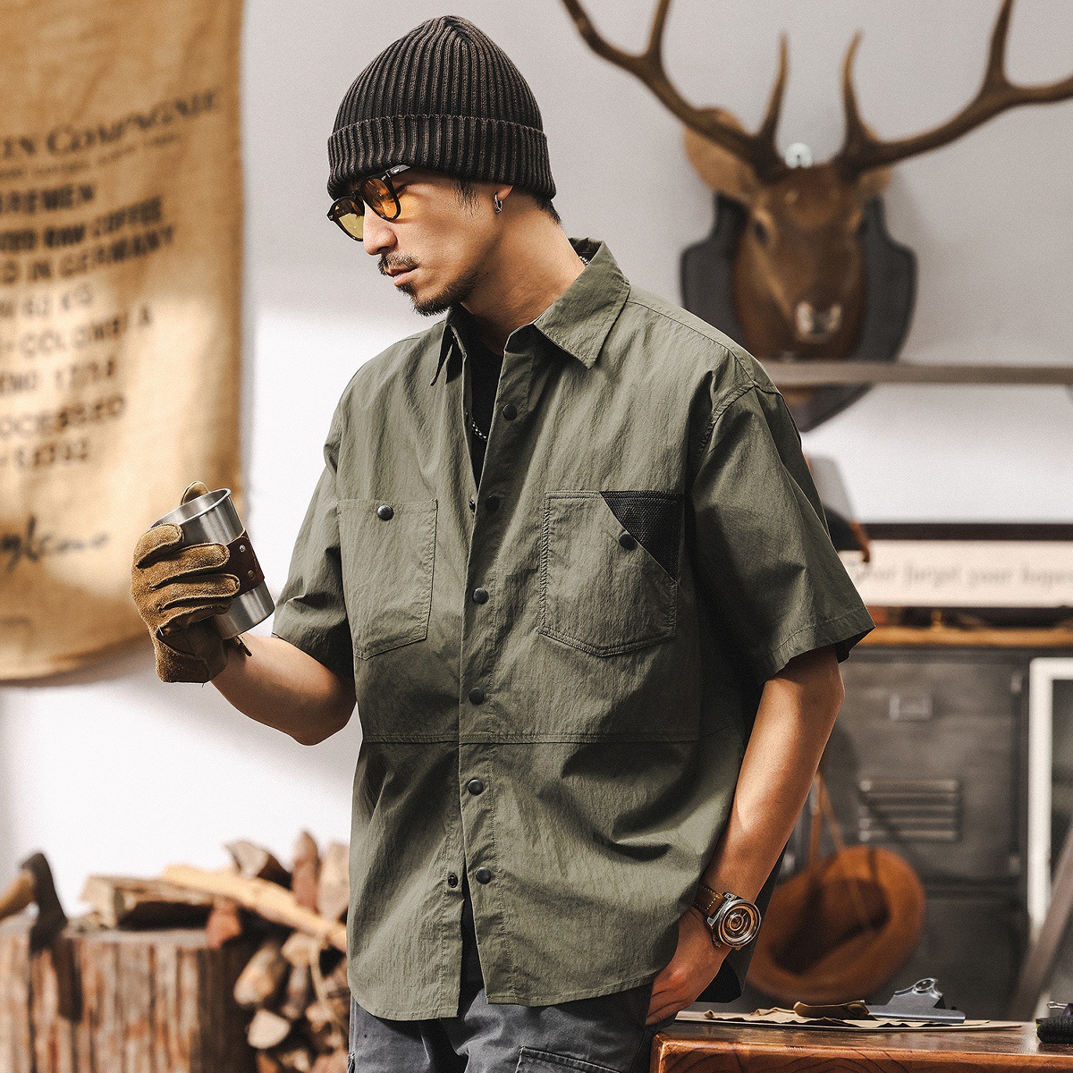 高級感60支棉錦山系戶外短袖襯衫男夏季潮牌美式復古撞色休閒襯衣