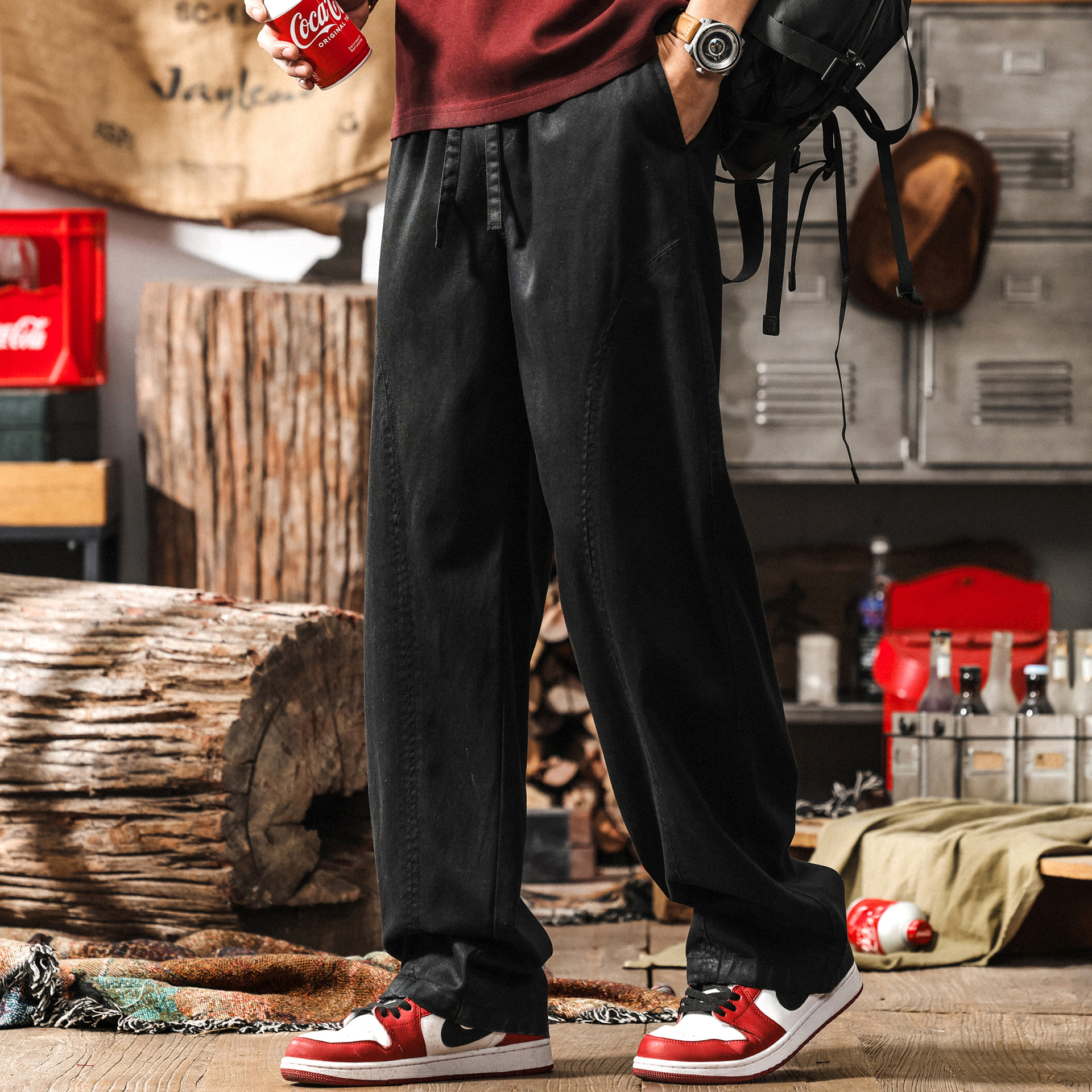 萊賽爾天絲薄款休閒褲男夏季鬆弛感寬鬆闊腿褲美式復古直筒長褲子