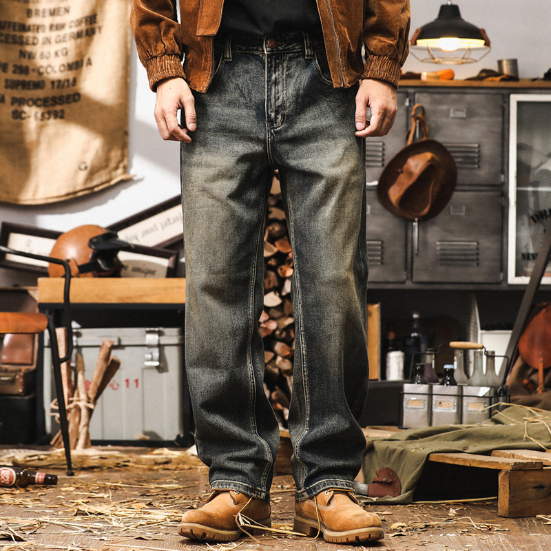 美式經典重磅牛仔褲男秋季wear2024新款復古加厚棕色水洗直筒休閒長褲