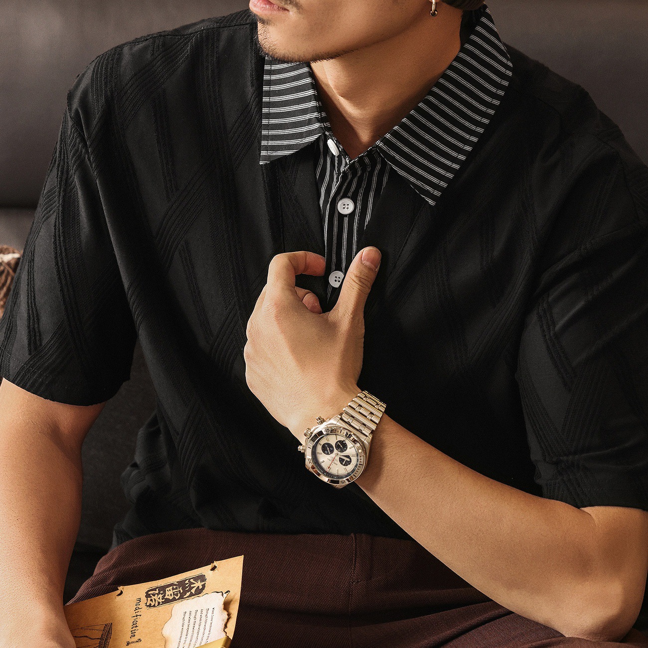 美式復古襯衫領假兩件短袖POLO衫男夏季潮流輕奢提花寬鬆男士T恤